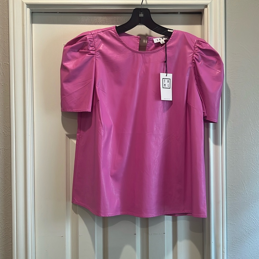 T.H.M.L Pink Pleather puff sleeve blouse. Size Large. New With Tags.
